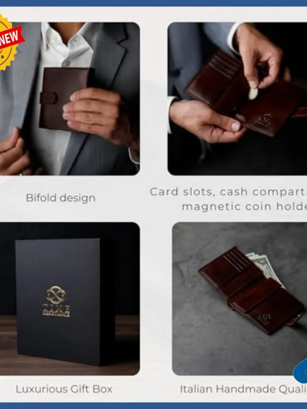 Men's Leather Wallet with 12 Card Slots, Magnetic Coin Holder, Snap Closure